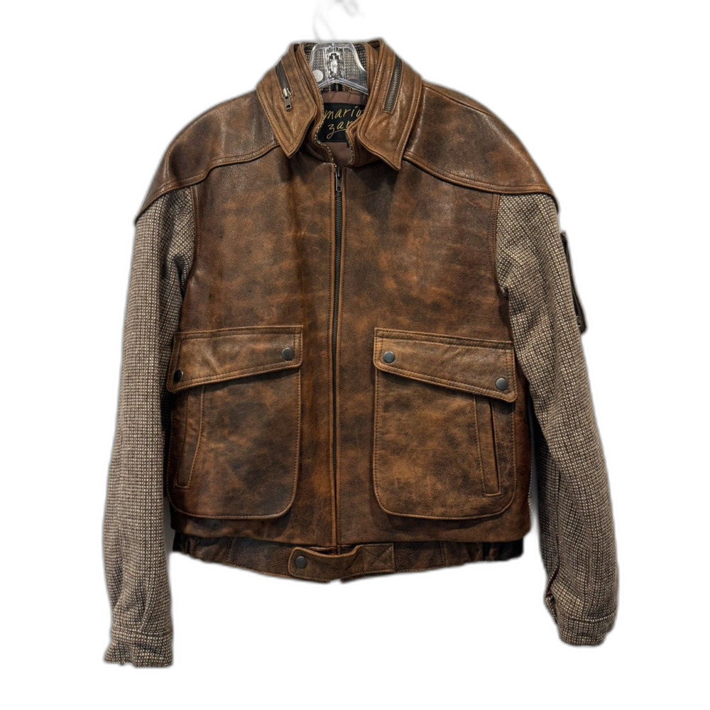 Vintage Mario Zarelli Leather Jacket Distressed Wool Bomber Brown Mens 38 Medium